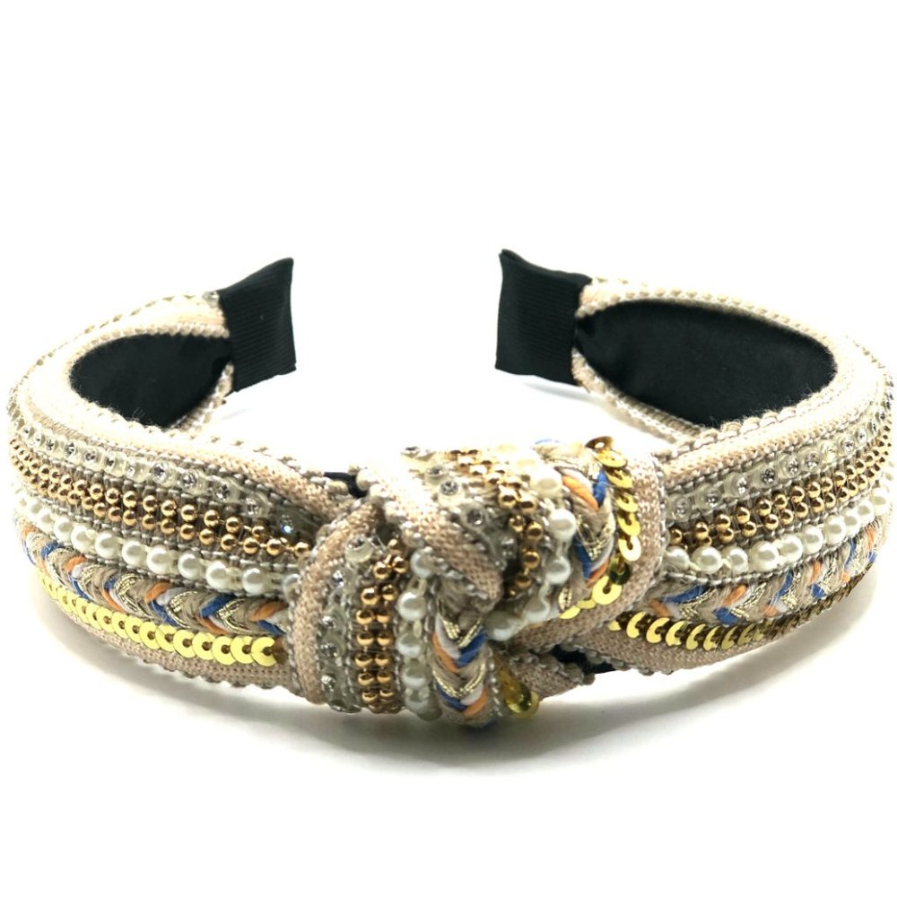 Beige Beaded Headband Crystal Pearl Knot Headbands Bohemian Headband for Women